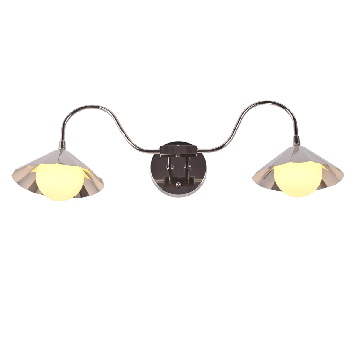 Illuminated front view of the Aurora modern polished nickel double wall sconce casting a warm glow through frosted globe diffusers beneath fluted metal shades.