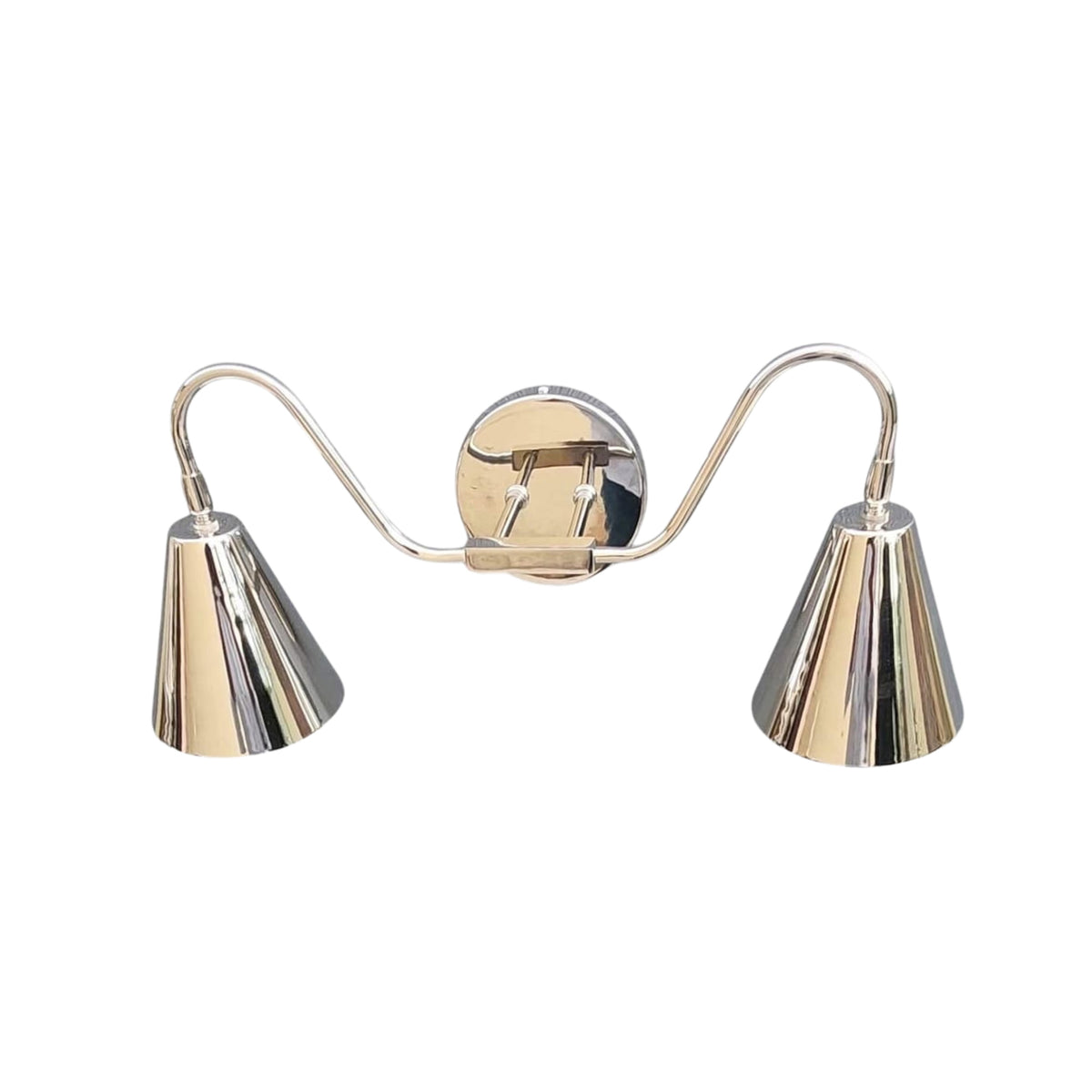 Rear view of the Aurora modern polished nickel double wall sconce displaying the round wall backplate, curved support arms, and dual tapered metal shades.