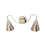 Rear view of the Aurora modern polished nickel double wall sconce displaying the round wall backplate, curved support arms, and dual tapered metal shades.