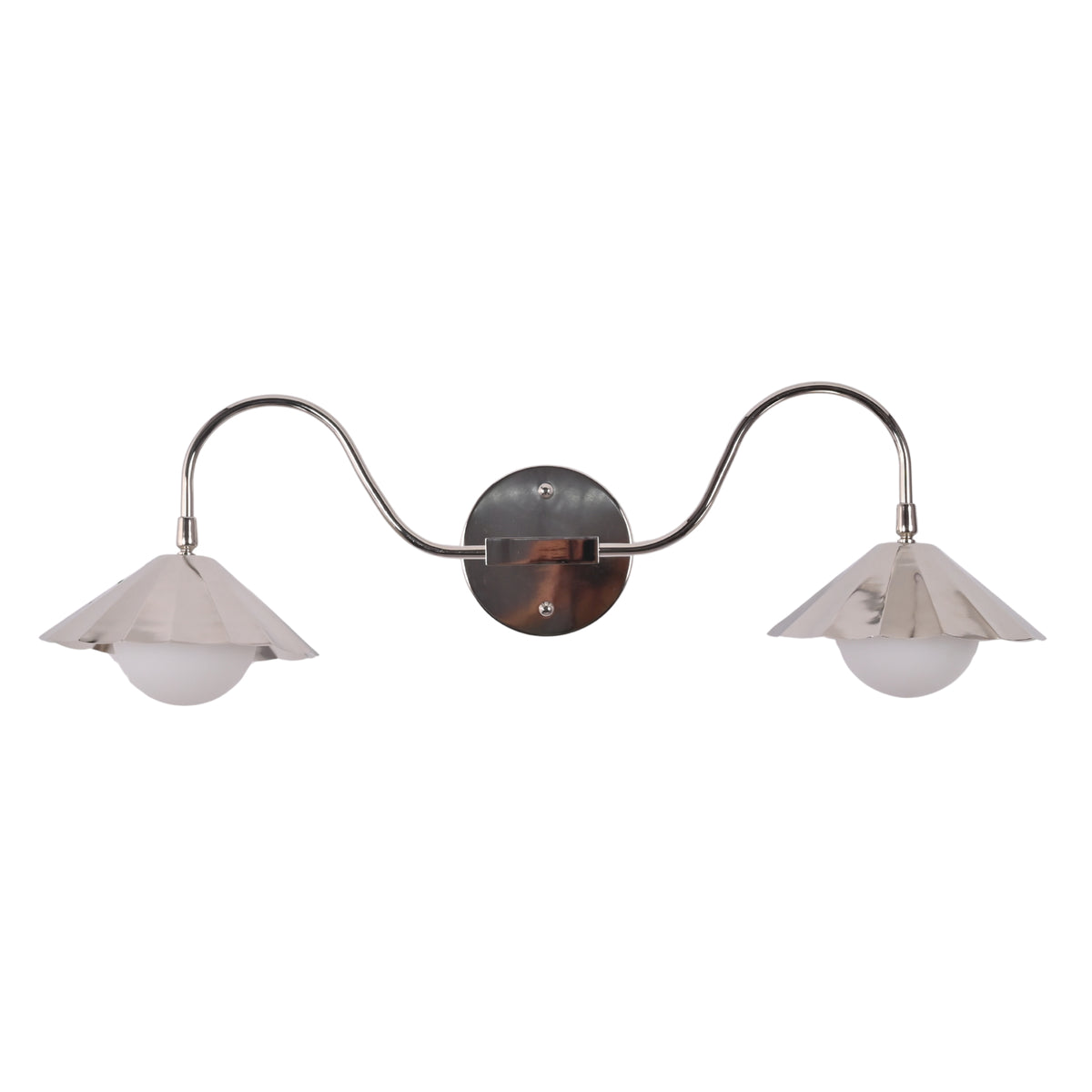 Unlit front view of the Aurora modern polished nickel double wall sconce featuring dual fluted metal shades with frosted globe diffusers and a round wall backplate.