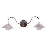 Unlit front view of the Aurora modern polished nickel double wall sconce featuring dual fluted metal shades with frosted globe diffusers and a round wall backplate.
