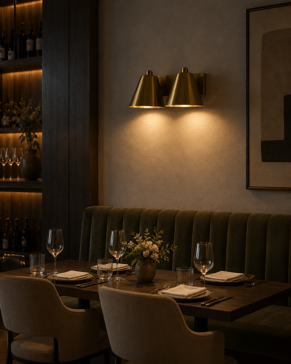 Aurora modern satin brass double wall sconce installed in a contemporary dining room, providing warm ambient lighting above a banquette seating area.