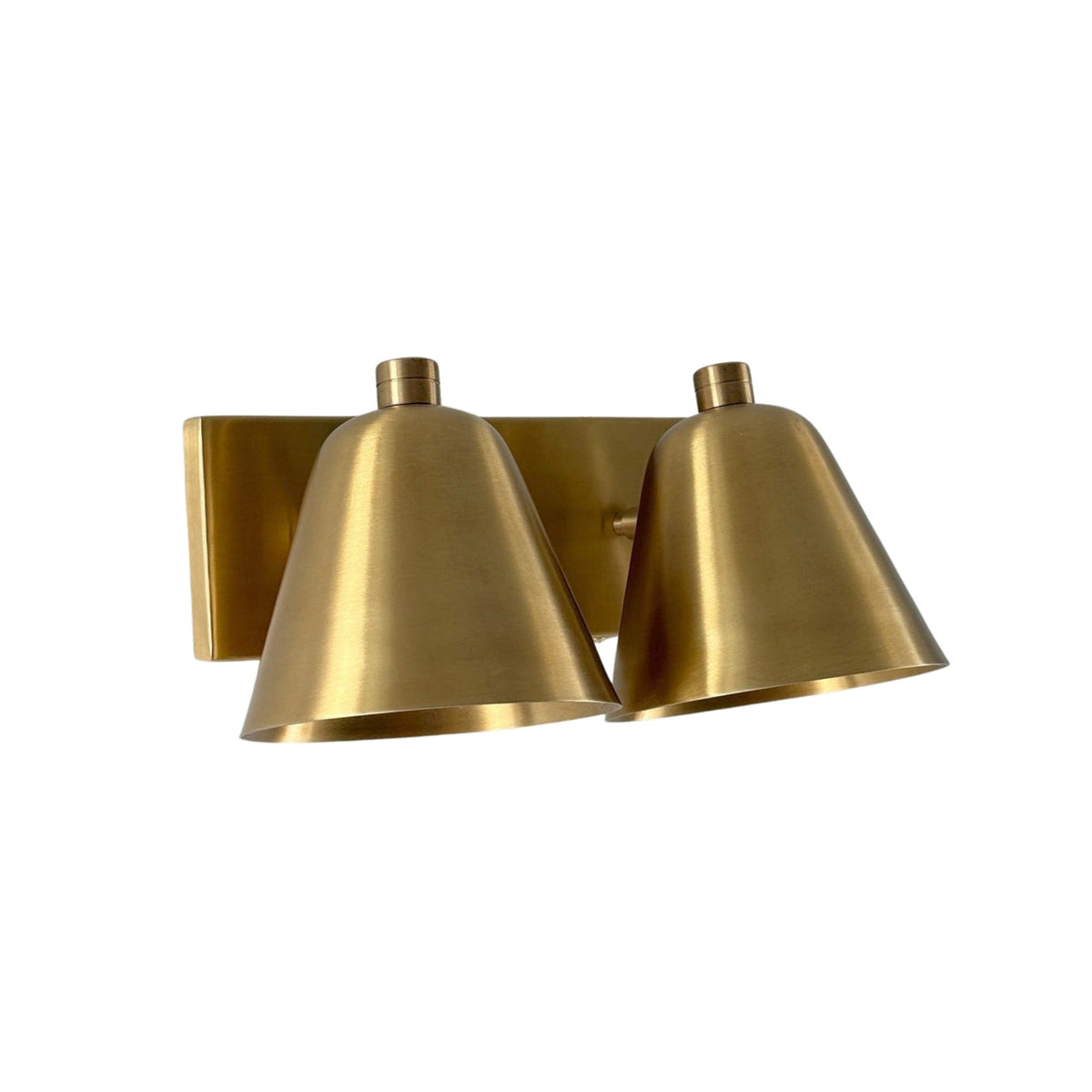 Front view of the Aurora modern satin brass double wall sconce featuring dual tapered metal shades and a rectangular wall backplate.