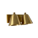 Front view of the Aurora modern satin brass double wall sconce featuring dual tapered metal shades and a rectangular wall backplate.