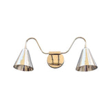 Front view of the Aurora modern satin brass double wall sconce featuring dual tapered metal shades, elegant curved arms, and a round wall backplate.