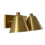 Left angled view of the Aurora satin brass double wall sconce showcasing two tapered shades and a minimalist rectangular backplate.