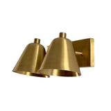 Right perspective view of the Aurora modern satin brass double wall sconce with dual cone-shaped shades and clean contemporary styling.