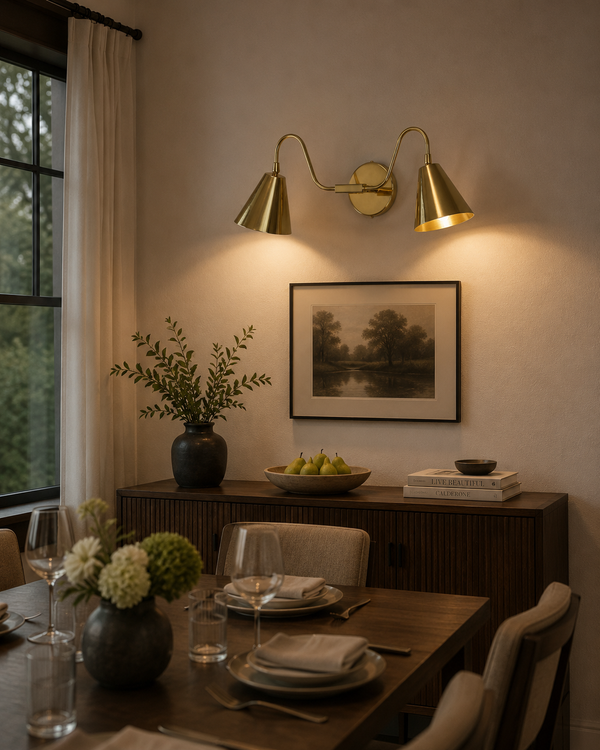 Aurora modern satin brass double wall sconce installed above a dining room sideboard, casting warm ambient light in a contemporary interior.