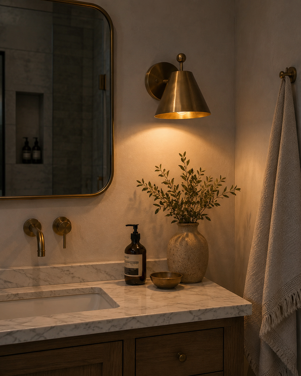 Aurora modern satin brass tapered wall sconce installed above a bathroom vanity, providing warm ambient lighting in a contemporary interior.