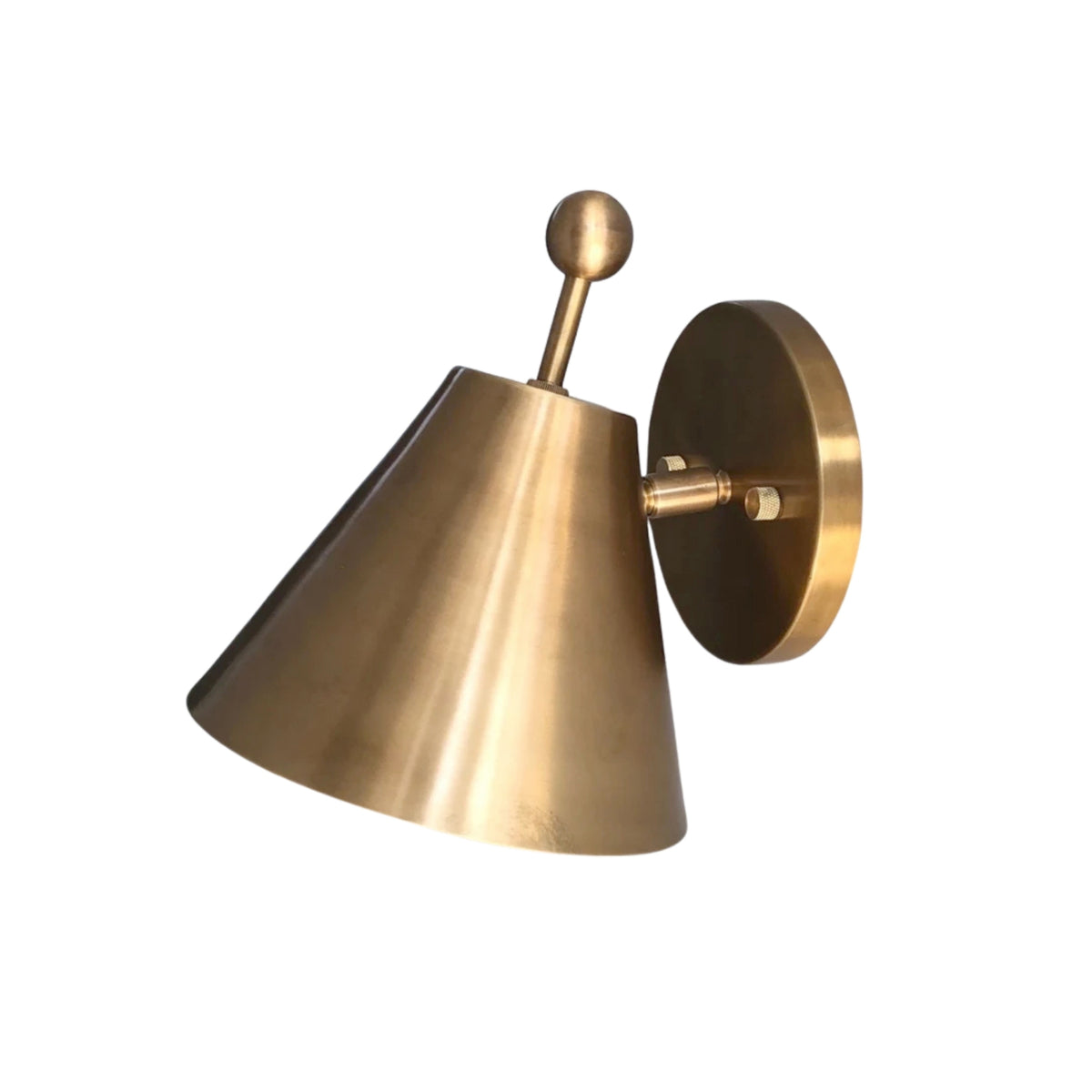 Rear angled view of the Aurora modern satin brass tapered wall sconce showing the round wall canopy and tapered shade profile.