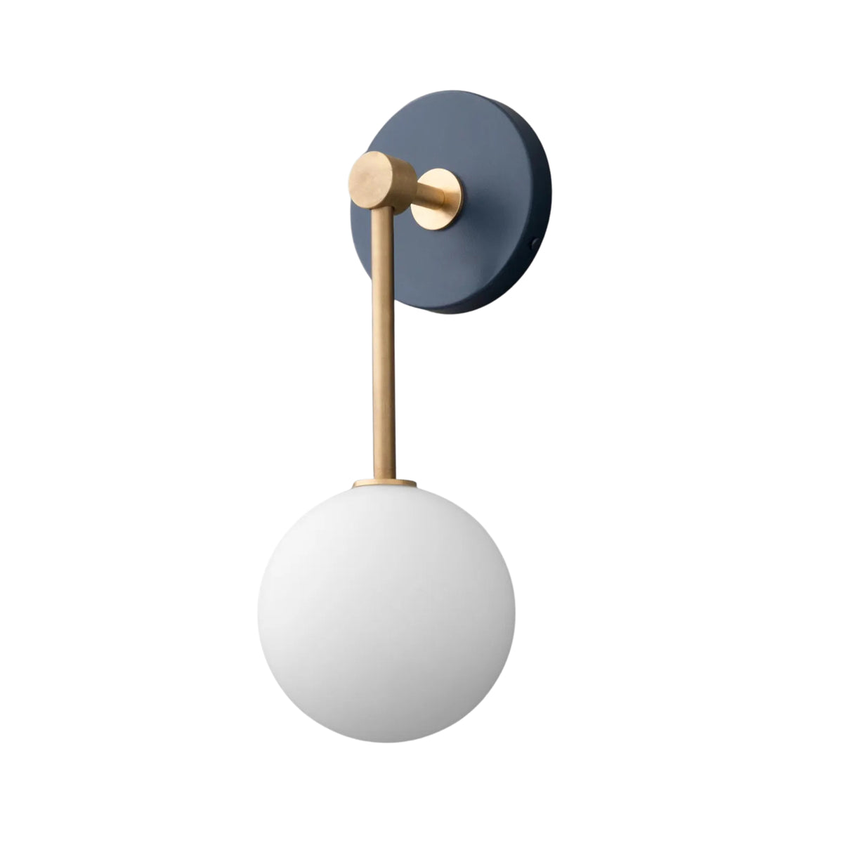 Aurora modern opal glass globe wall sconce with brass stem and dark round canopy, angled view