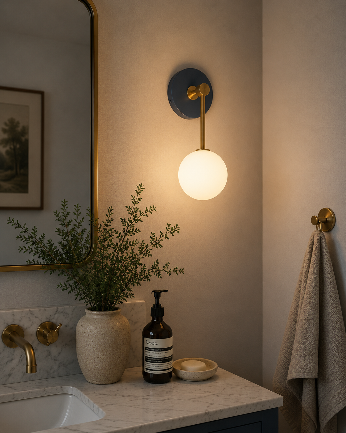 Aurora opal globe wall sconce with brass stem installed beside a bathroom vanity mirror with warm ambient lighting