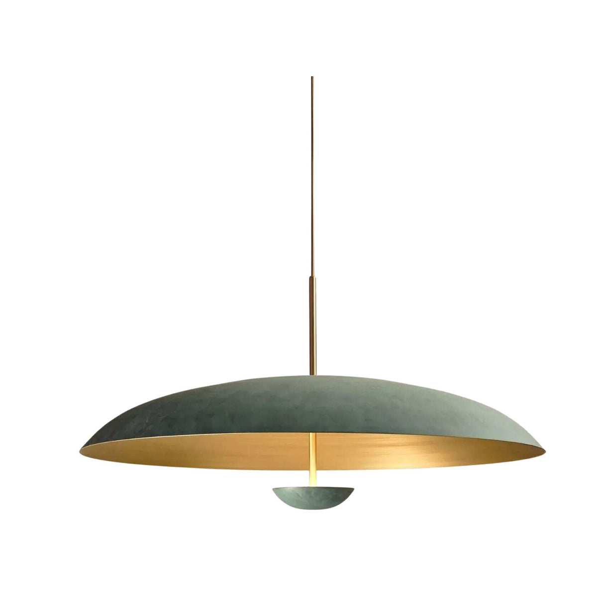 Aurora sculptural dome pendant chandelier with green patina exterior, brass interior and decorative lower bowl.