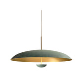 Aurora sculptural dome pendant chandelier with green patina exterior, brass interior and decorative lower bowl.