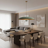 Aurora 3 light pendant chandelier featuring a wide green patina dome shade with warm brass interior, front view.