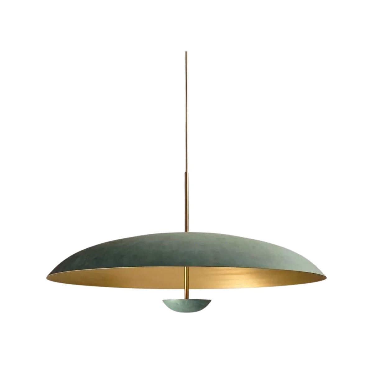Aurora 29 inch patina dome pendant chandelier with slim brass suspension rod and wide sculptural shade.