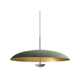 Aurora 29 inch patina dome pendant chandelier with slim brass suspension rod and wide sculptural shade.