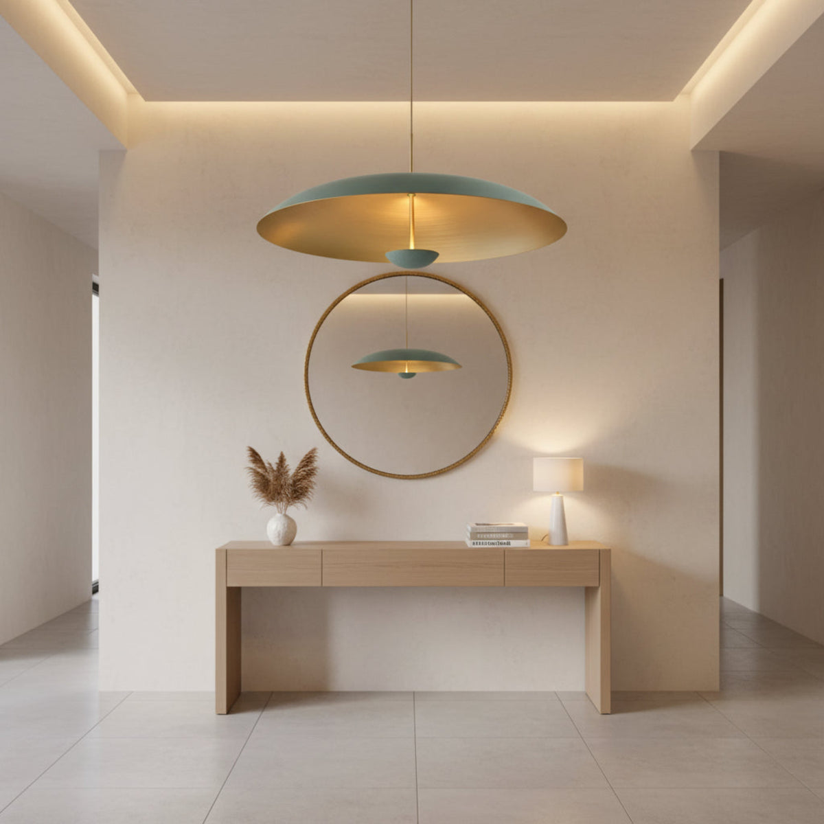 Aurora 3 light patina dome chandelier illuminated with warm light reflecting from the brass interior.
