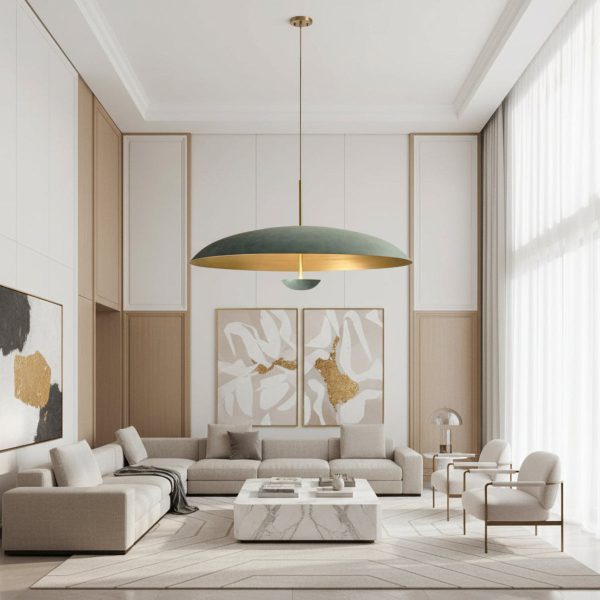 Aurora 29 inch wide patina dome pendant chandelier showing its low profile shade and brass suspension.