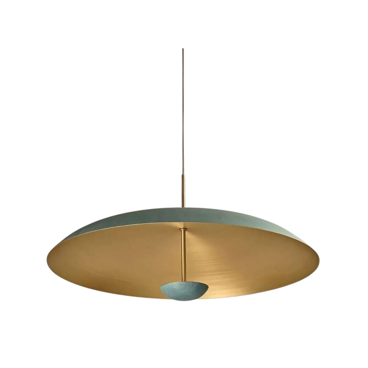 Aurora 3 light patina dome pendant chandelier with brass interior and sculptural lower bowl, underside view.