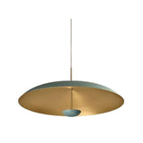 Aurora 3 light patina dome pendant chandelier with brass interior and sculptural lower bowl, underside view.