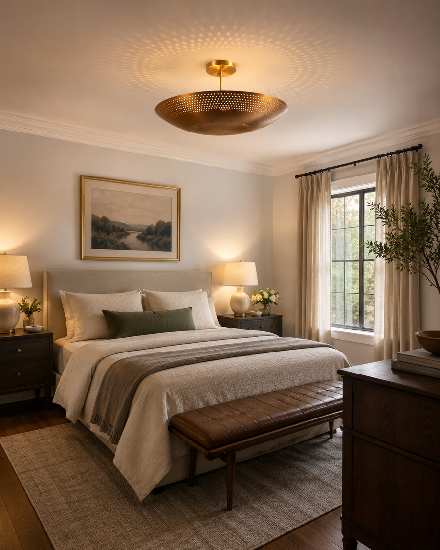 Aurora satin brass perforated disc flush mount ceiling light installed in a modern bedroom creating decorative ambient lighting patterns.