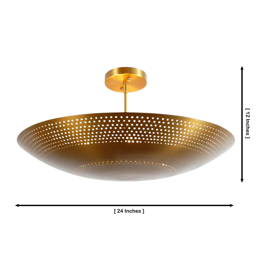 Aurora satin brass perforated disc flush mount ceiling light installed in a modern bedroom creating decorative ambient lighting patterns.