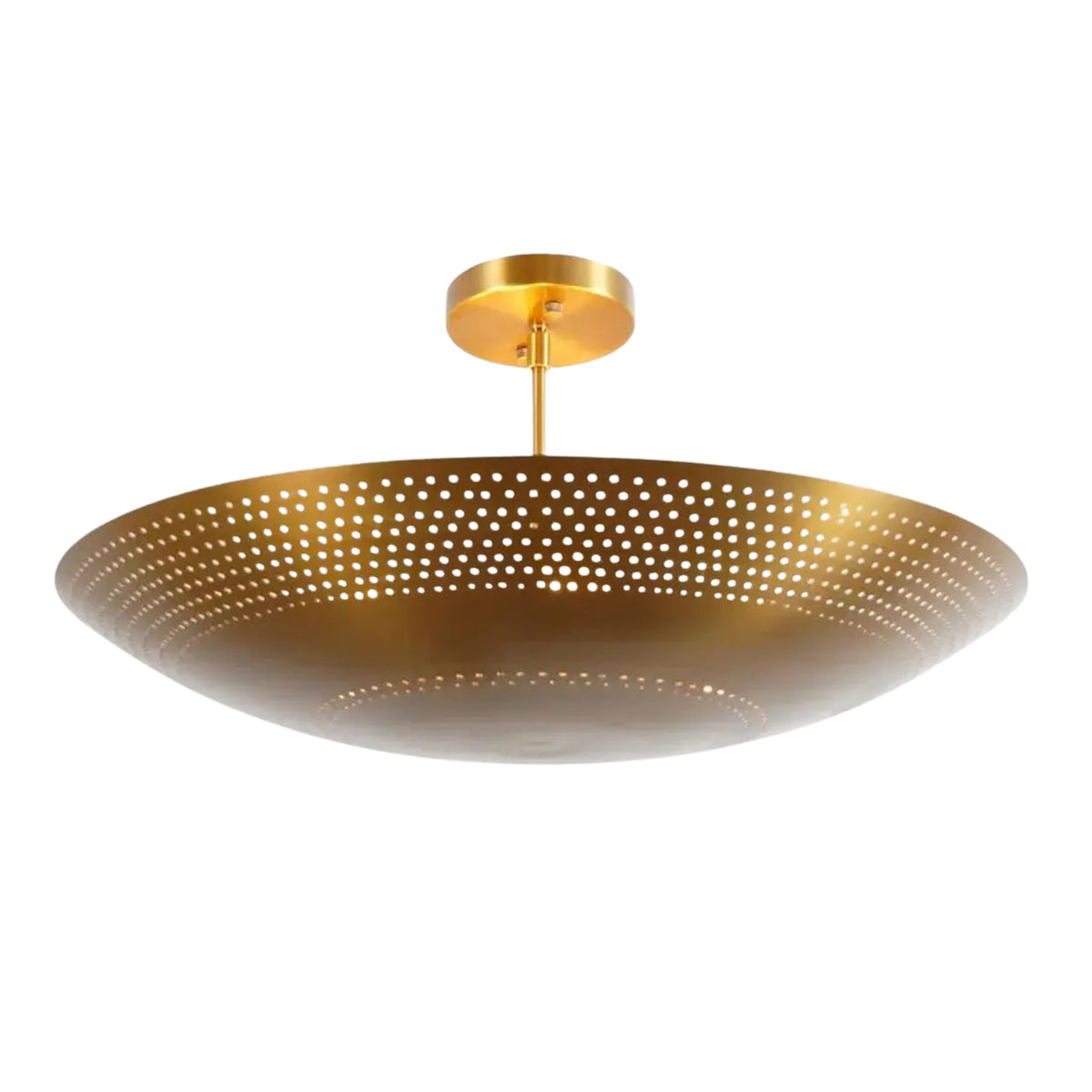 Front view of Aurora perforated disc flush mount ceiling light in satin brass with handcrafted perforated metal shade.