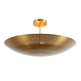 Front view of Aurora perforated disc flush mount ceiling light in satin brass with handcrafted perforated metal shade.