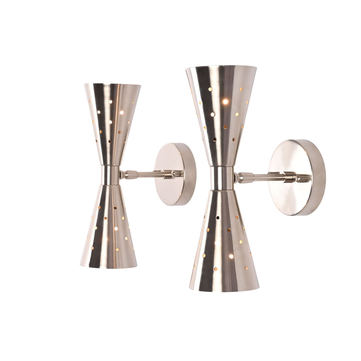 Pair of Aurora Modern Perforated Double Cone Wall Sconces in brushed metal finish with decorative perforated shades.