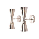 Pair of Aurora Modern Perforated Double Cone Wall Sconces in brushed metal finish with decorative perforated shades.