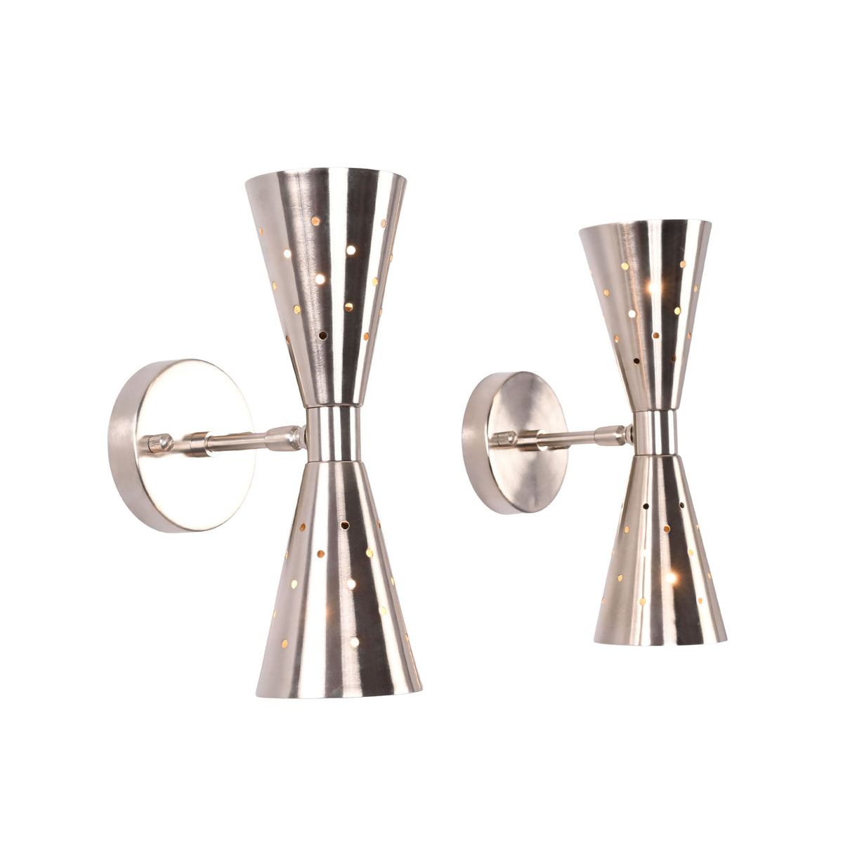 Angled view of the Aurora Modern Perforated Double Cone Wall Sconce showcasing handcrafted perforated metal shades and minimalist wall mount.