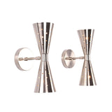 Angled view of the Aurora Modern Perforated Double Cone Wall Sconce showcasing handcrafted perforated metal shades and minimalist wall mount.