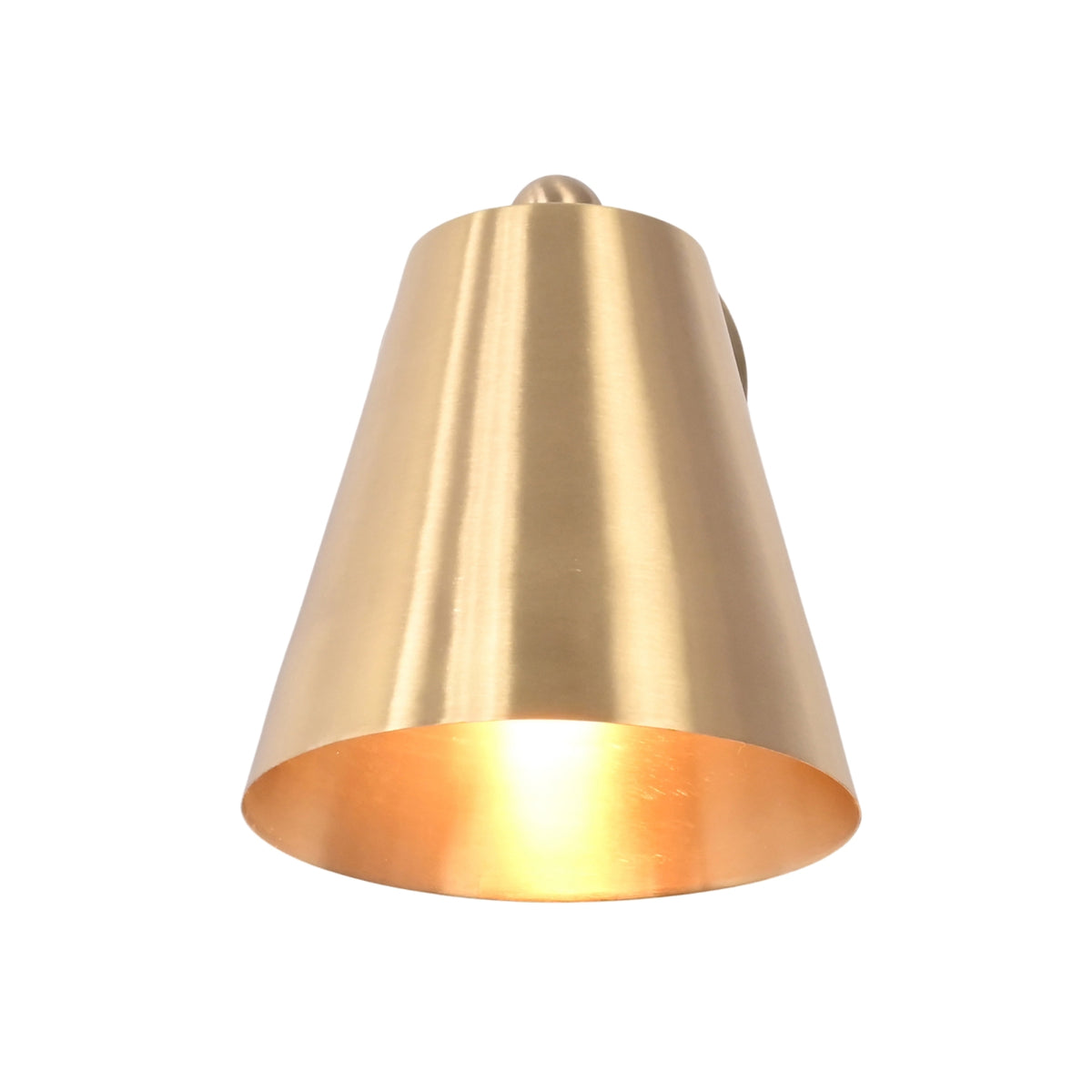 Bottom view of the Aurora satin brass tapered wall sconce highlighting the handcrafted metal shade with warm reflective brass interior finish.