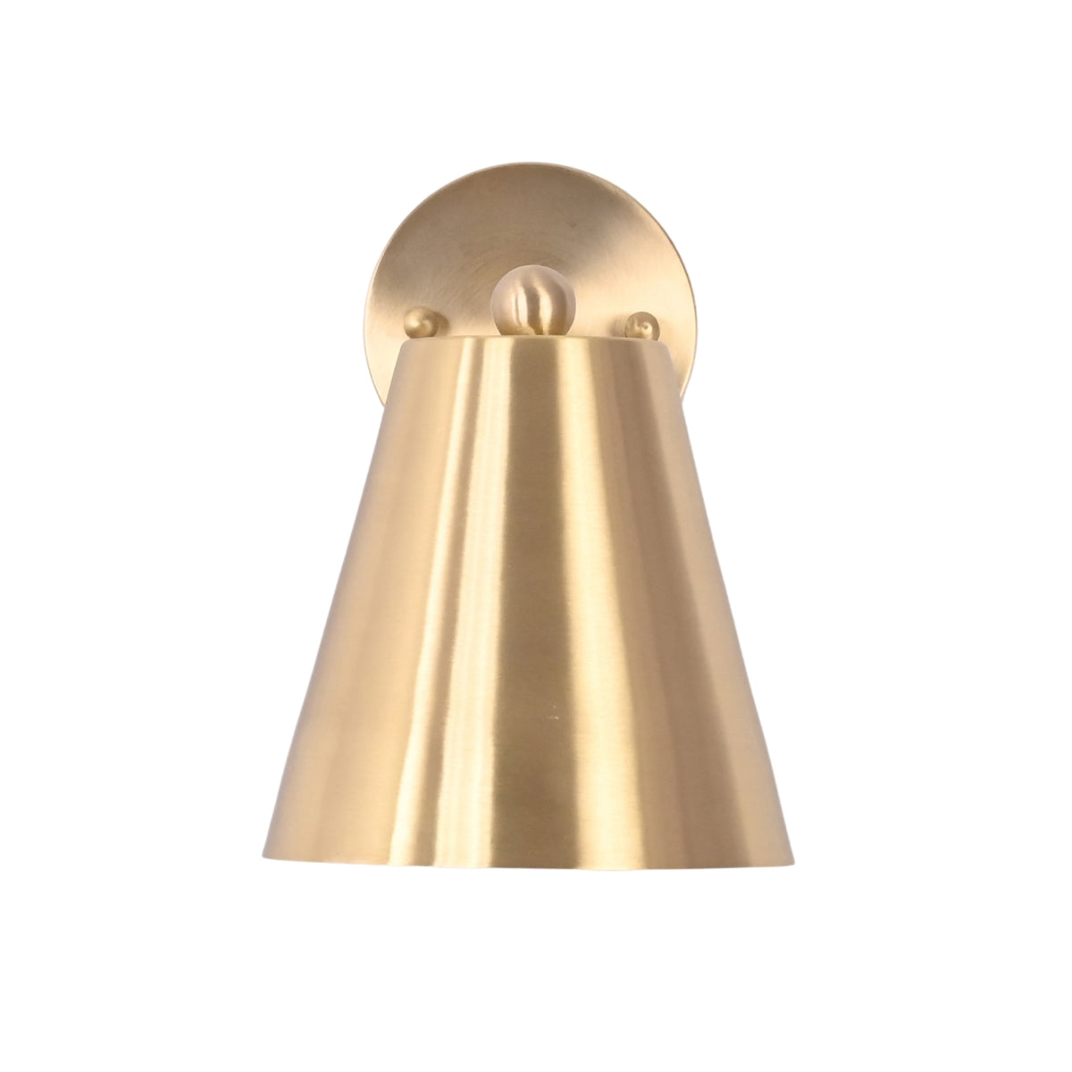 Front view of the Aurora satin brass tapered wall sconce featuring a handcrafted tapered metal shade, round wall canopy, and elegant minimalist design.