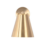 Front view of the Aurora satin brass tapered wall sconce featuring a handcrafted tapered metal shade, round wall canopy, and elegant minimalist design.