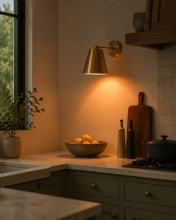 Aurora satin brass tapered wall sconce installed in a modern kitchen, providing warm accent lighting above the countertop with timeless contemporary style.