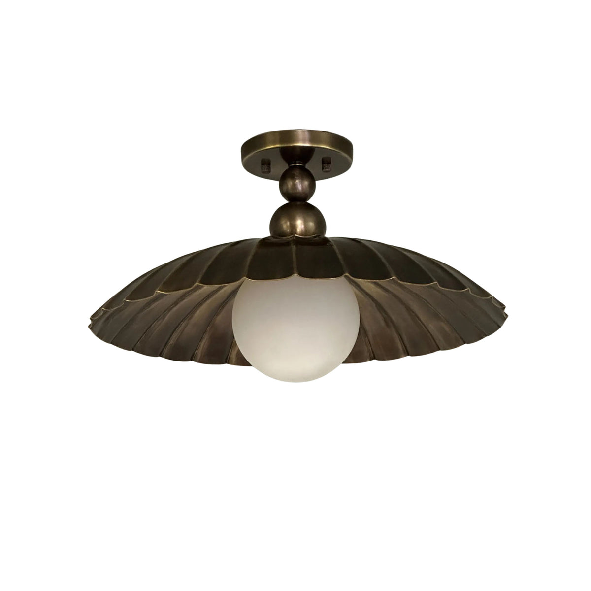 Angled front view of Aurora scalloped metal dome ceiling light with opal glass globe – Model 33190