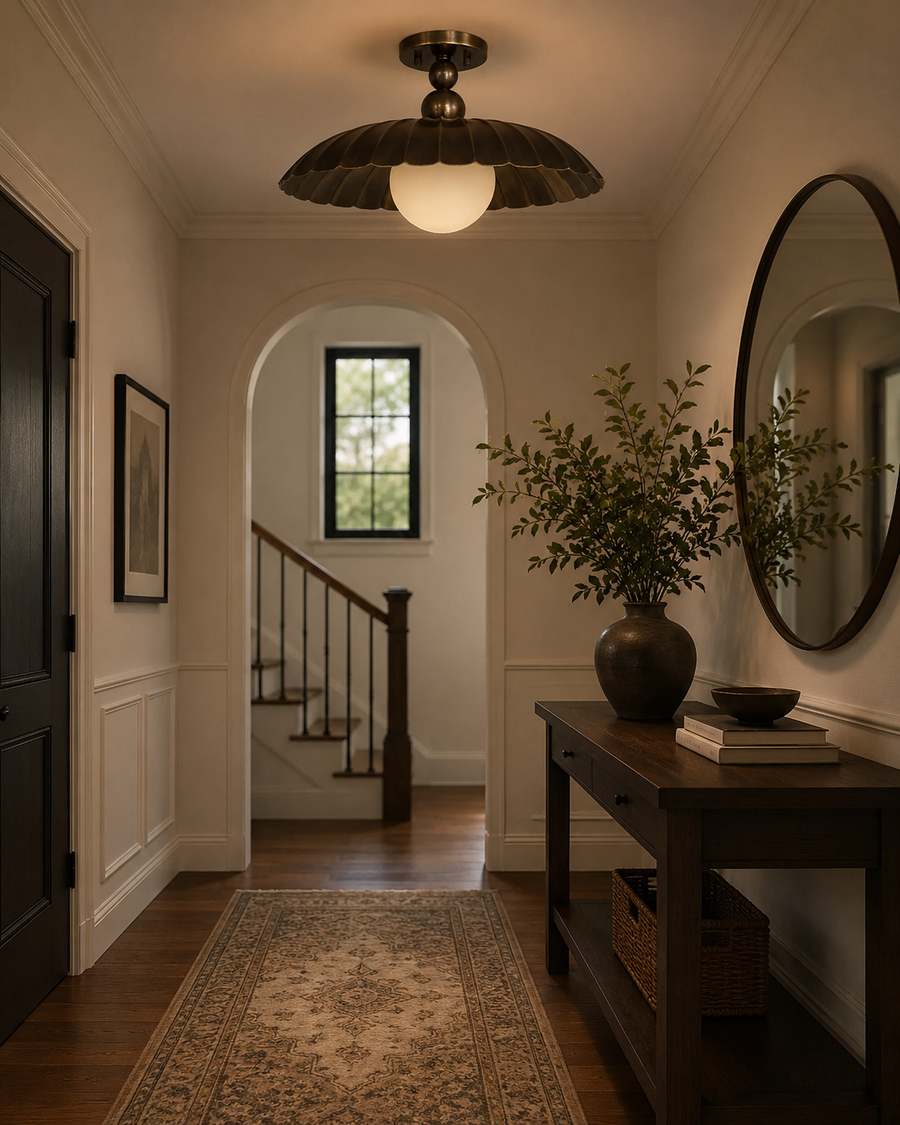 Aurora 18 inch scalloped dome globe flush mount installed in a warm modern entryway with soft ambient lighting