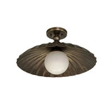 Close view of Aurora scalloped dome ceiling fixture with decorative brass accents and opal glass globe