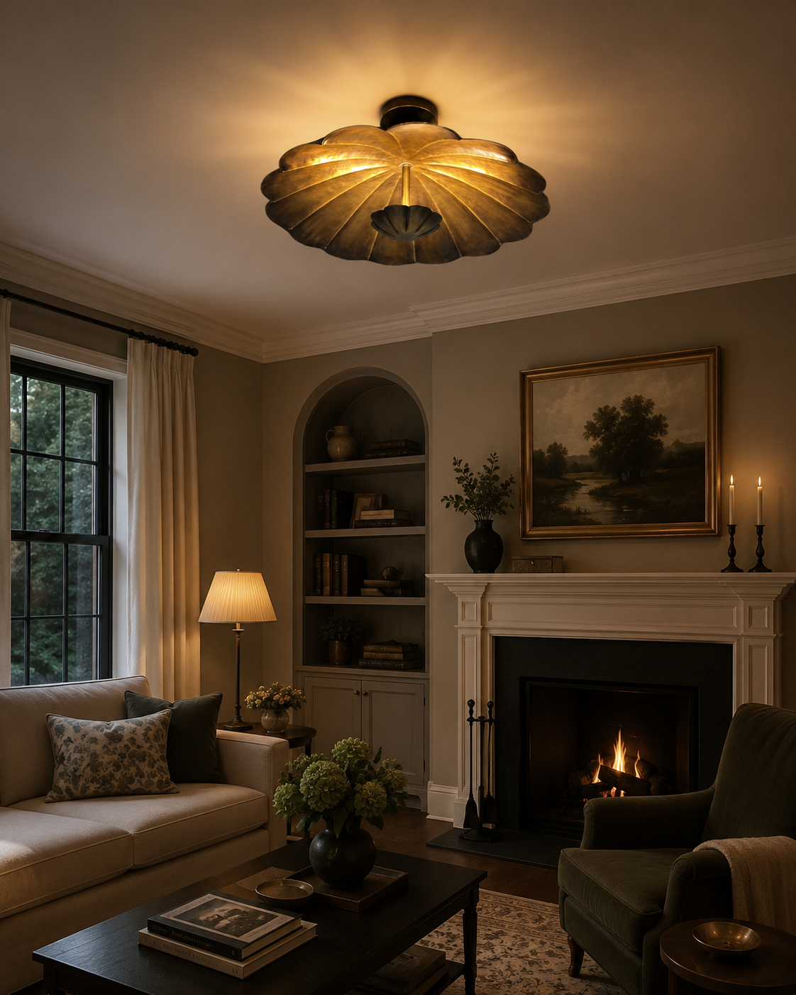 Aurora aged brass sculpted petal flush mount installed in an elegant living room with warm ambient lighting.