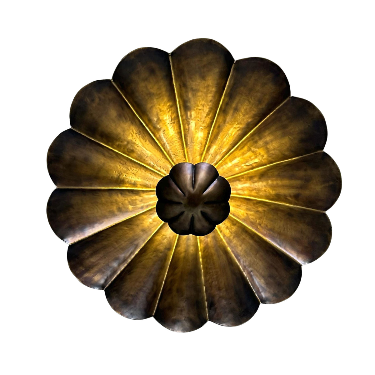 Top view of Aurora aged brass flush mount featuring a large radiating flower petal ceiling design.