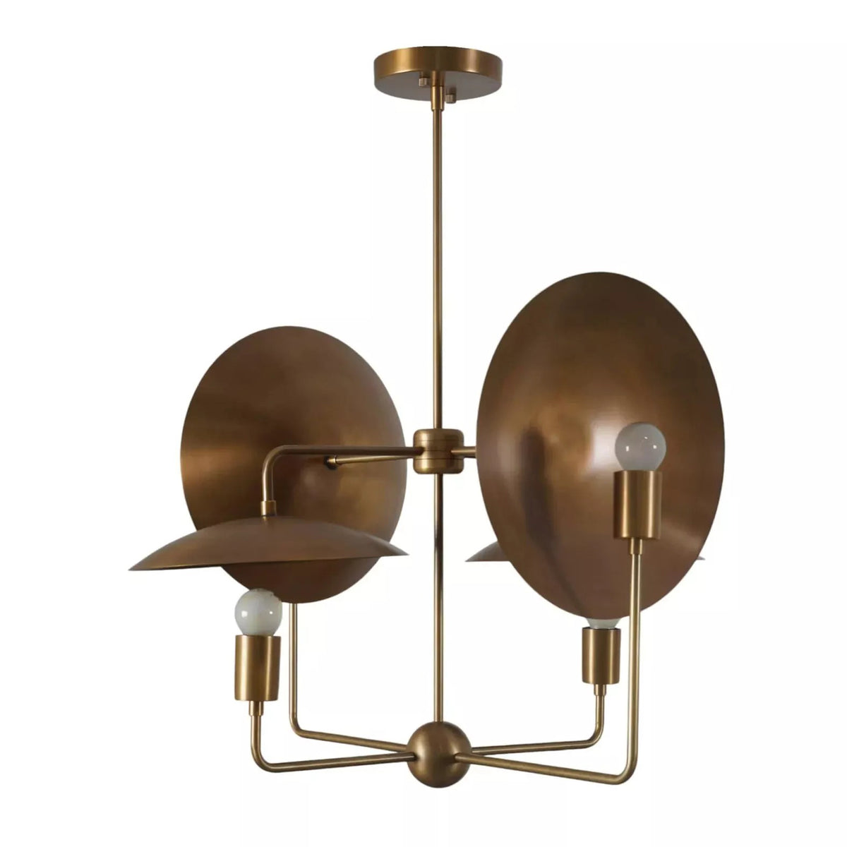 Close-up detail of the Aurora Sculptural Disc Chandelier highlighting handcrafted brass disc reflectors, premium metal construction, and exposed globe bulb sockets.