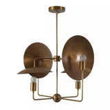 Close-up detail of the Aurora Sculptural Disc Chandelier highlighting handcrafted brass disc reflectors, premium metal construction, and exposed globe bulb sockets.