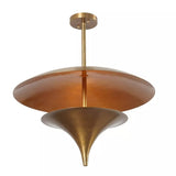 Close-up view of Aurora sculptural disc chandelier highlighting the brass dome, central rod and inverted cone reflector, Model 62036.