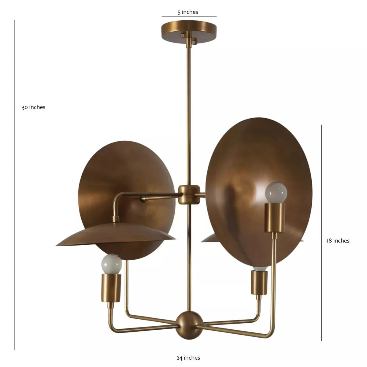 Aurora Sculptural Disc Chandelier dimensions showing 24-inch width, 30-inch overall height, 18-inch handcrafted metal disc reflectors, and 5-inch ceiling canopy.