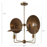 Aurora Sculptural Disc Chandelier dimensions showing 24-inch width, 30-inch overall height, 18-inch handcrafted metal disc reflectors, and 5-inch ceiling canopy.