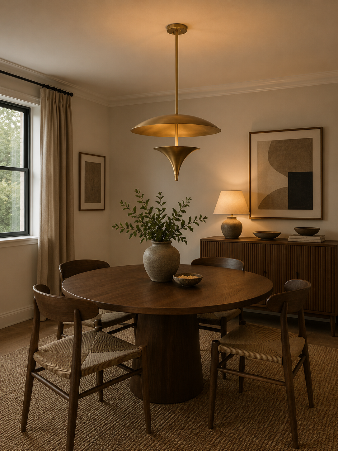 Aurora 3 light sculptural disc chandelier installed above a round dining table in a warm Mid-Century Modern dining room, Model 62036.