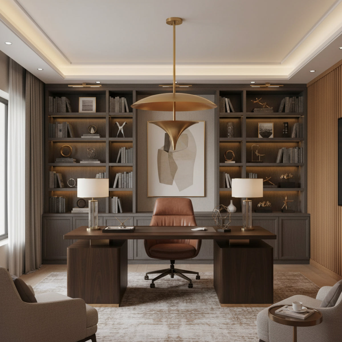 Front view of Aurora sculptural disc chandelier featuring a wide brass dome and inverted cone reflector, 3 light, Model 62036.
