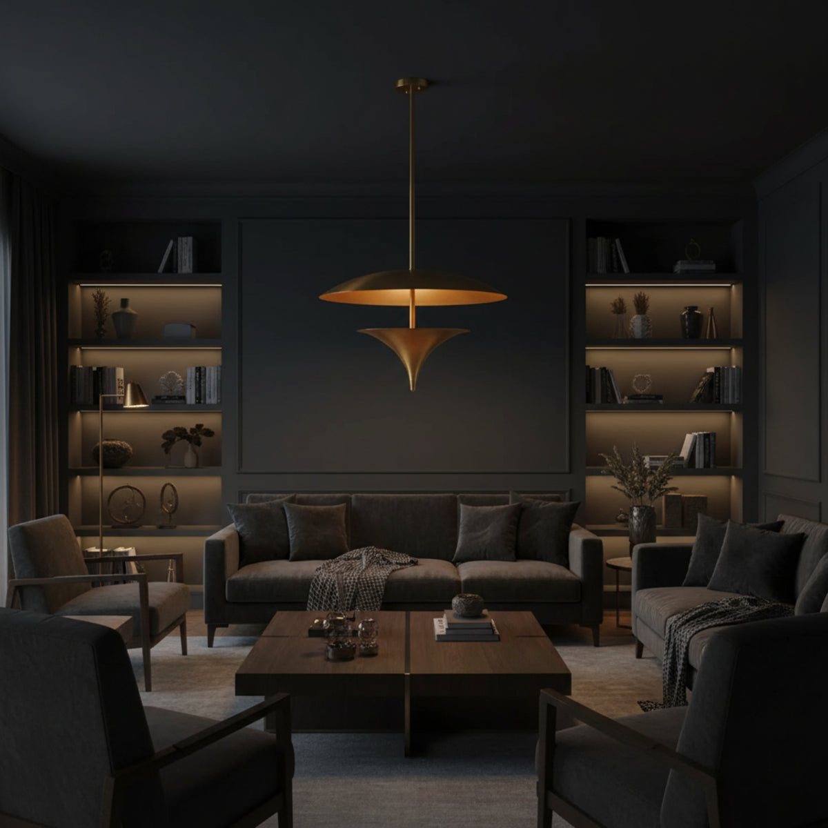 Full front view of Aurora 3 light sculptural disc chandelier with warm brass finish and 24 inch profile, Model 62036.